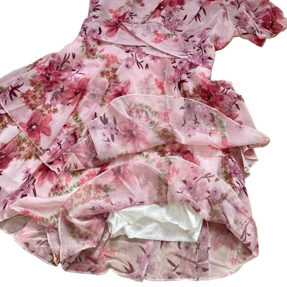 Womens Boho Romper Large L Pink-Floral Off The Shoulder Lined Ruffle Layered - Picture 7 of 13